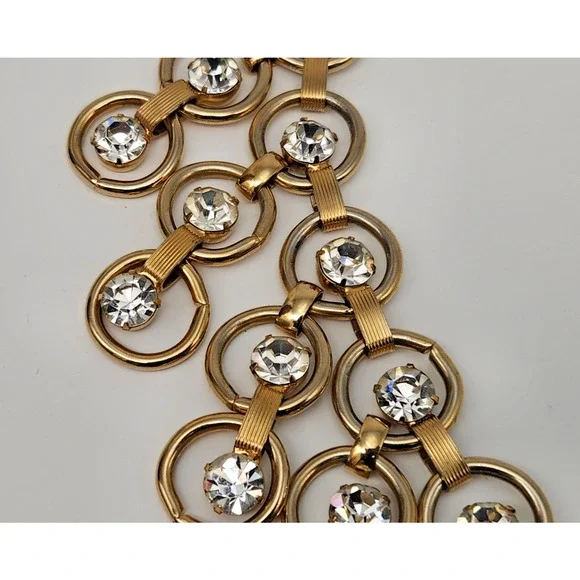 Vintage Statement Gold Circle Link Rhinestone Bib Festoon Collar Necklace